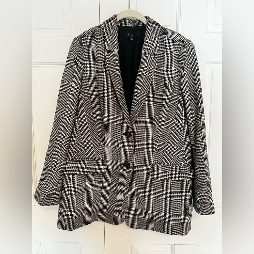 Talbots Plaid Wool Blend Blazer Women’s Size 12 Black White